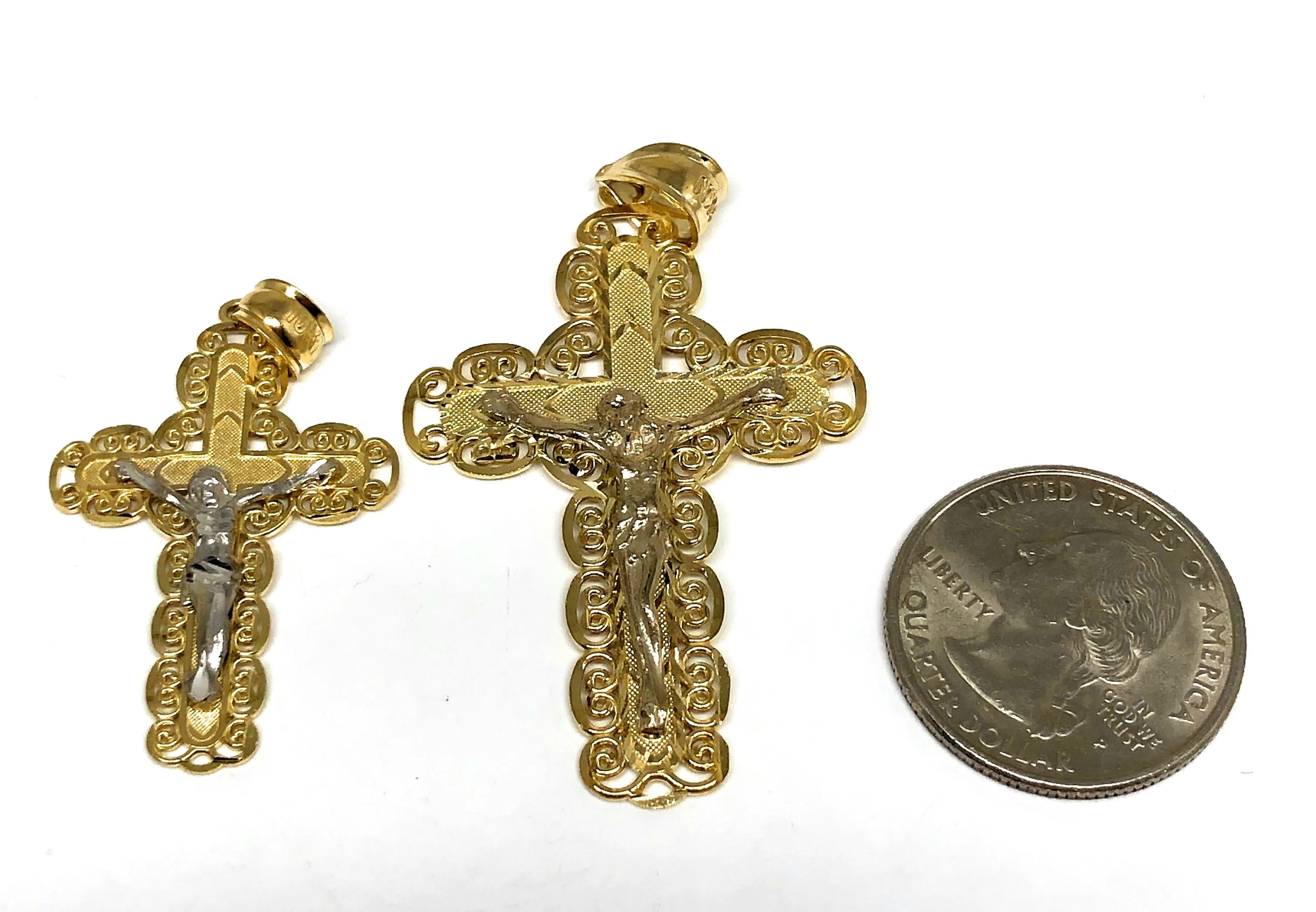 10k Solid Gold Yellow 2-Tone Jesus Cross Crucifix Pendant Necklace (SM,LG)