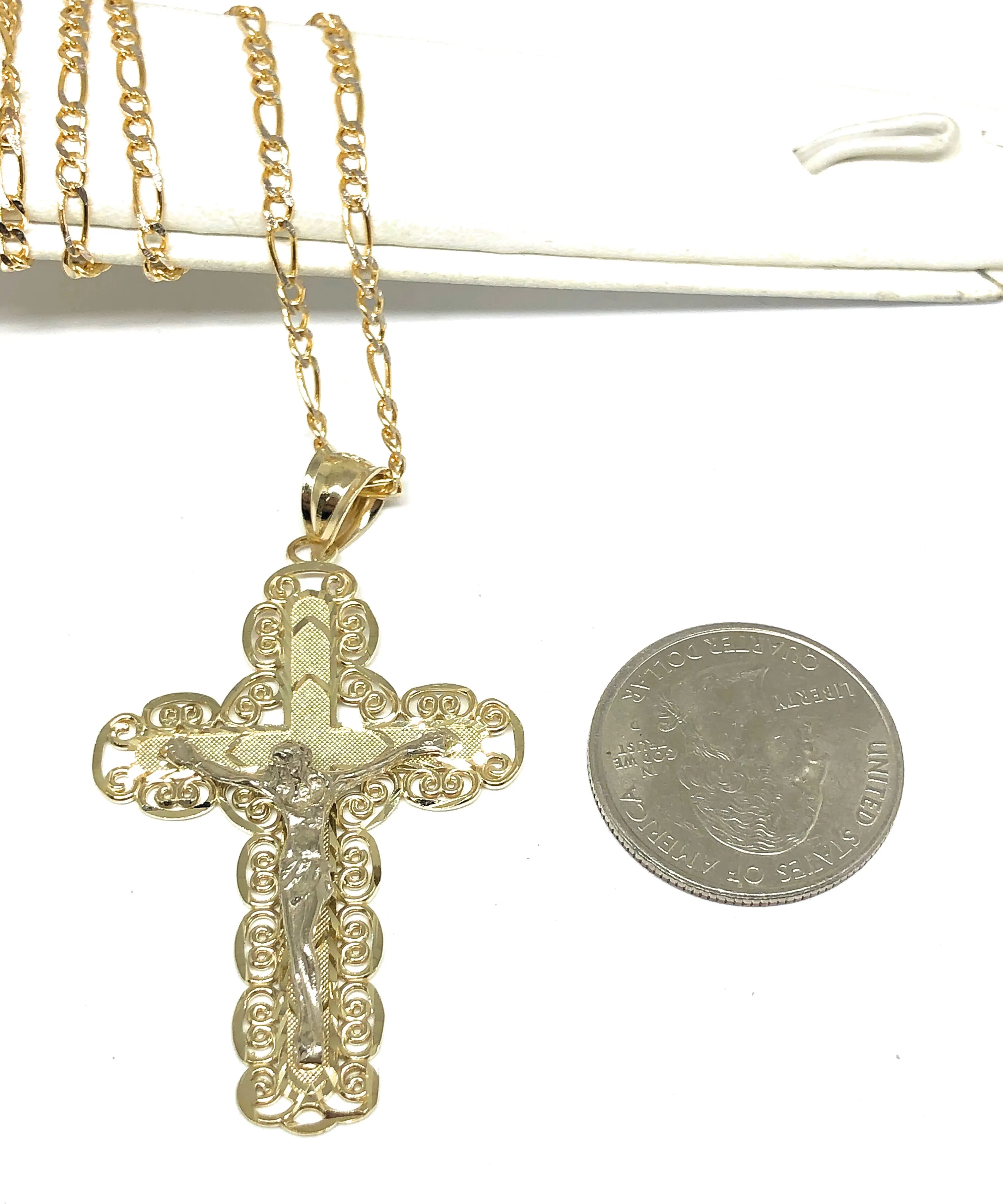 10k Solid Gold Yellow 2-Tone Jesus Cross Crucifix Pendant Necklace (SM,LG)