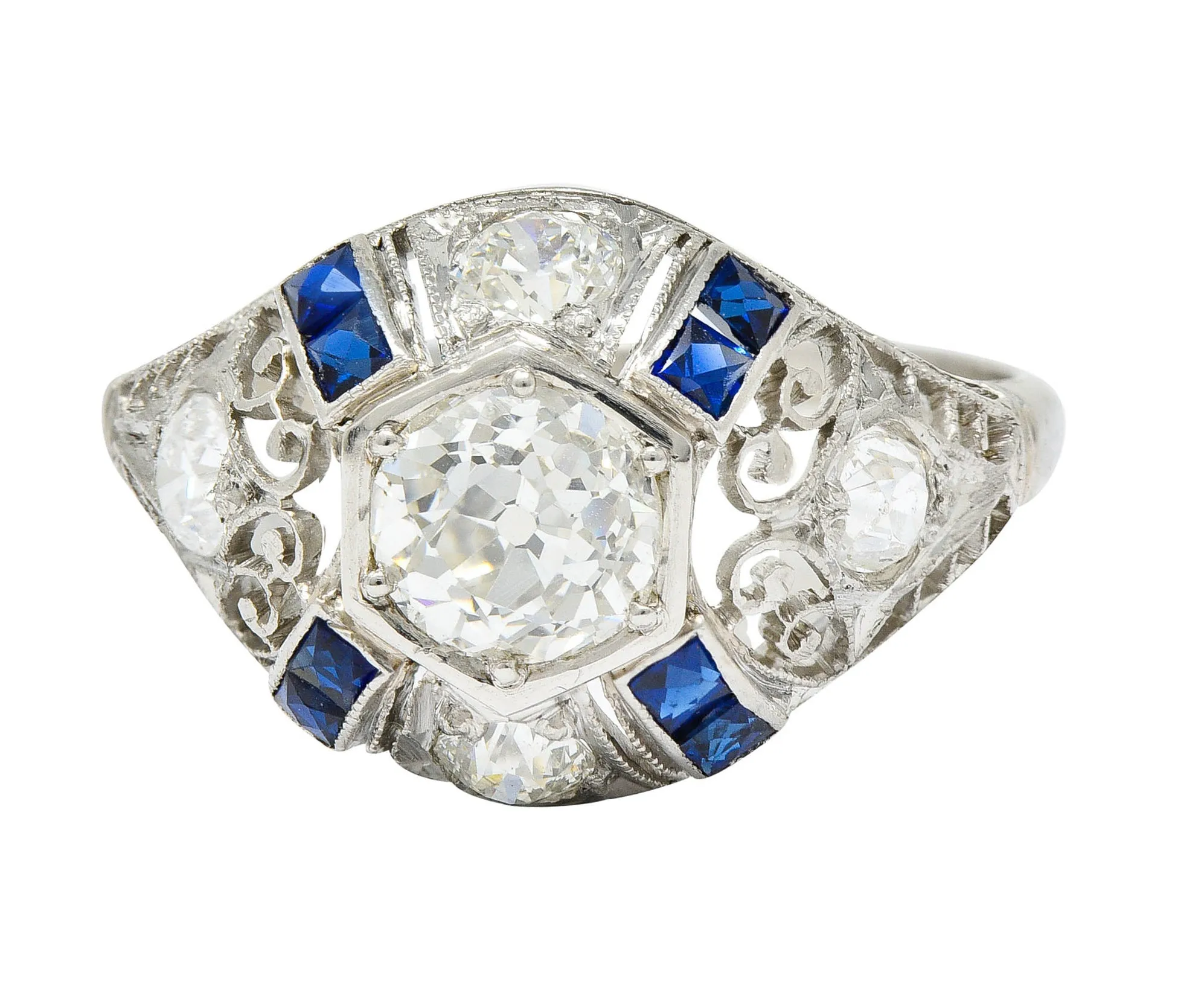 Art Deco 1.85 CTW Diamond Sapphire Platinum Hexagonal Filigree Engagement Ring