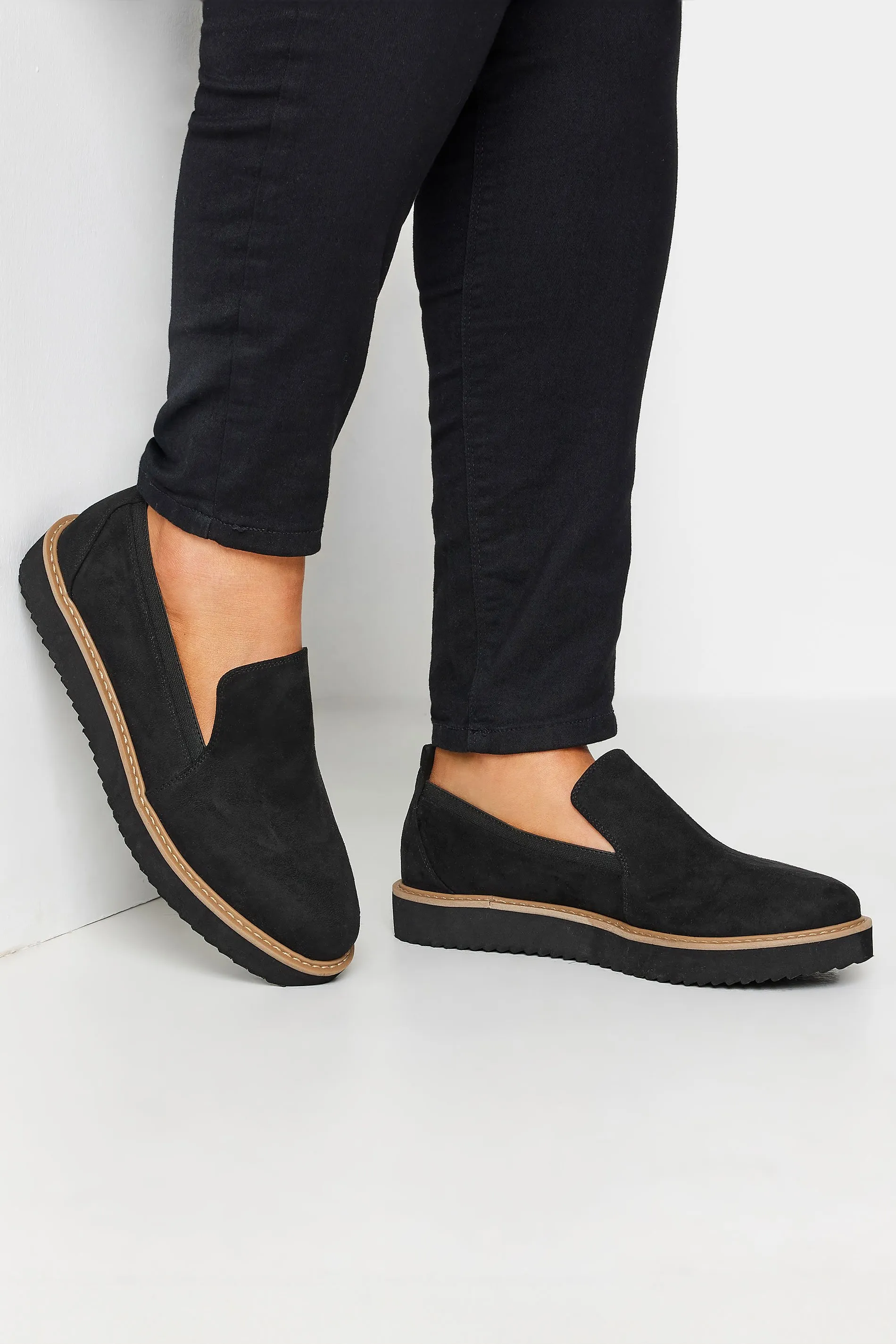 Black Faux Suede Slip On Loafers In Extra Wide EEE Fit