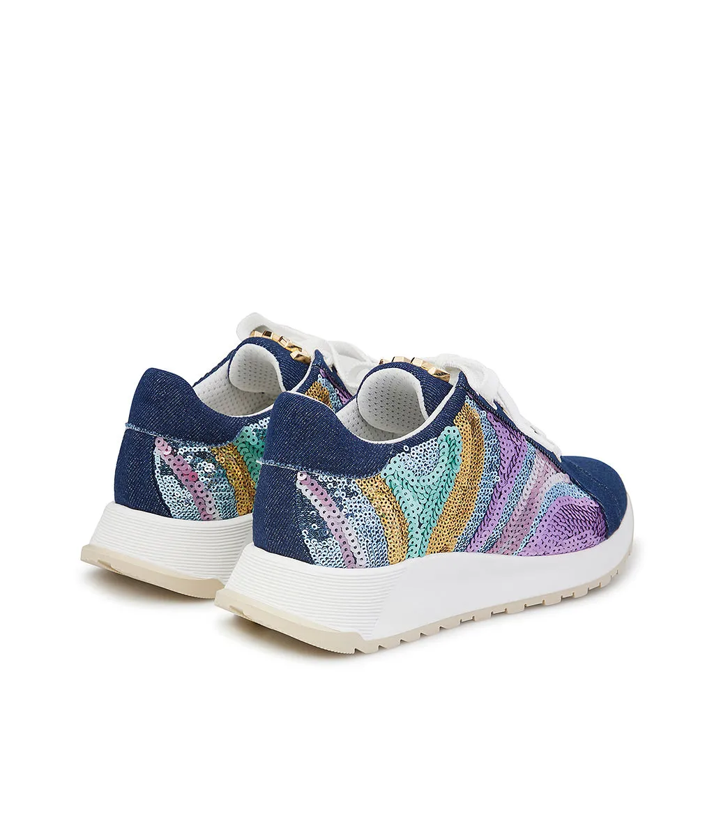 Blue denim sneakers with multicolor sequins