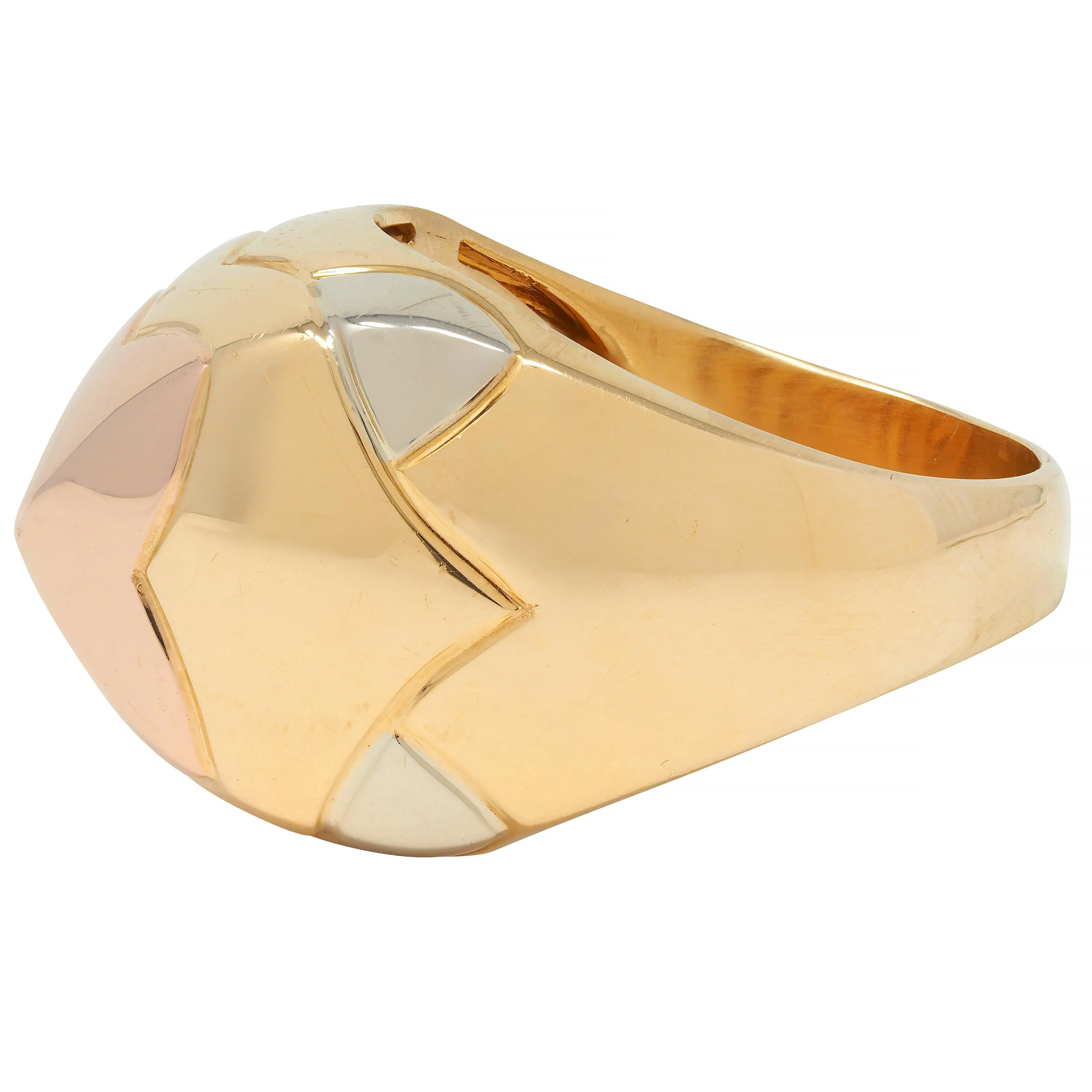 Bulgari French 18 Karat Tri-Colored Rose Yellow White Gold Pyramid Quatrefoil Dome Ring