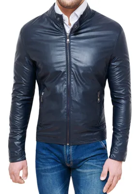 CLASS GIUBBOTTO UOMO BLU SCURO ECOPELLE CASUAL GIUBBINO BOMBER MOTO