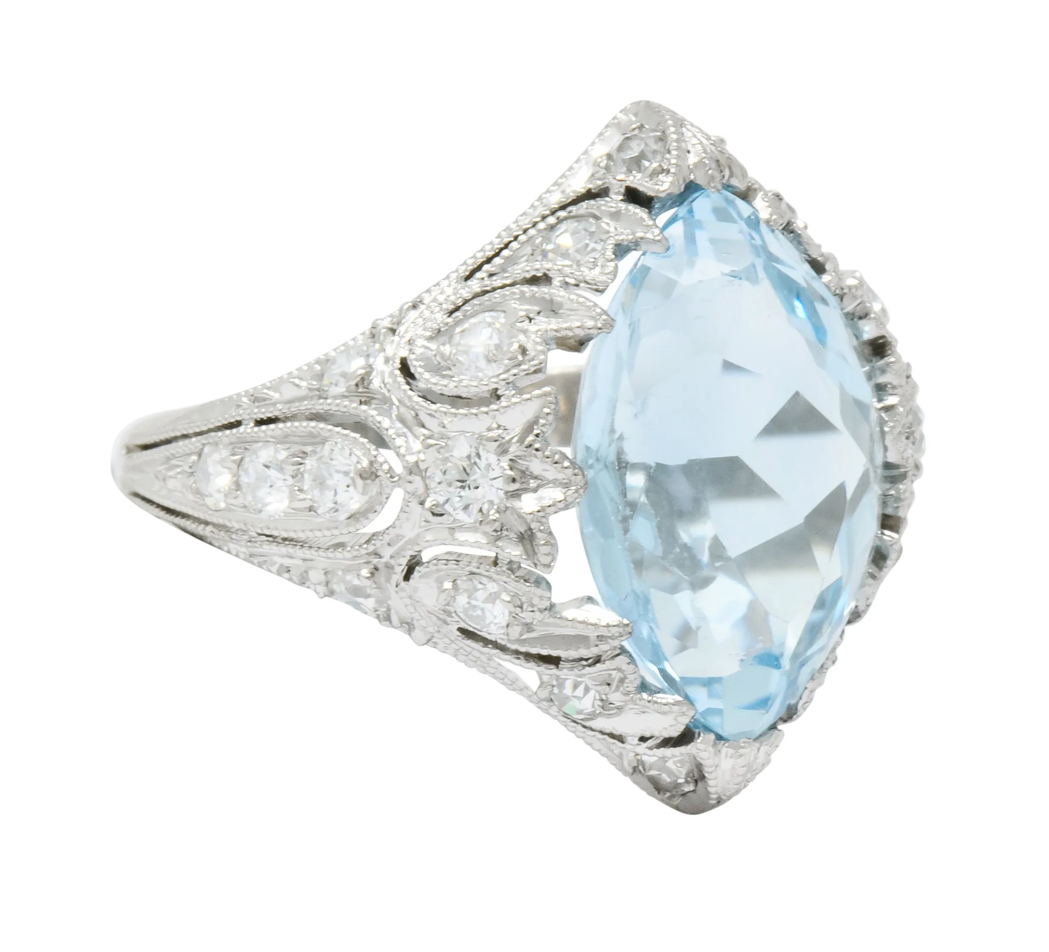 Edwardian Bailey Banks & Biddle 2.83 CTW Aquamarine Diamond Platinum Navette Ring
