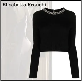 ELISABETTA FRANCHI  |Casual Style Wool Long Sleeves Plain High-Neck With Jewels