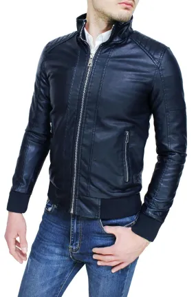 Giacca giubbotto uomo in ecopelle casual blu scuro slim fit giubbino bomber moto