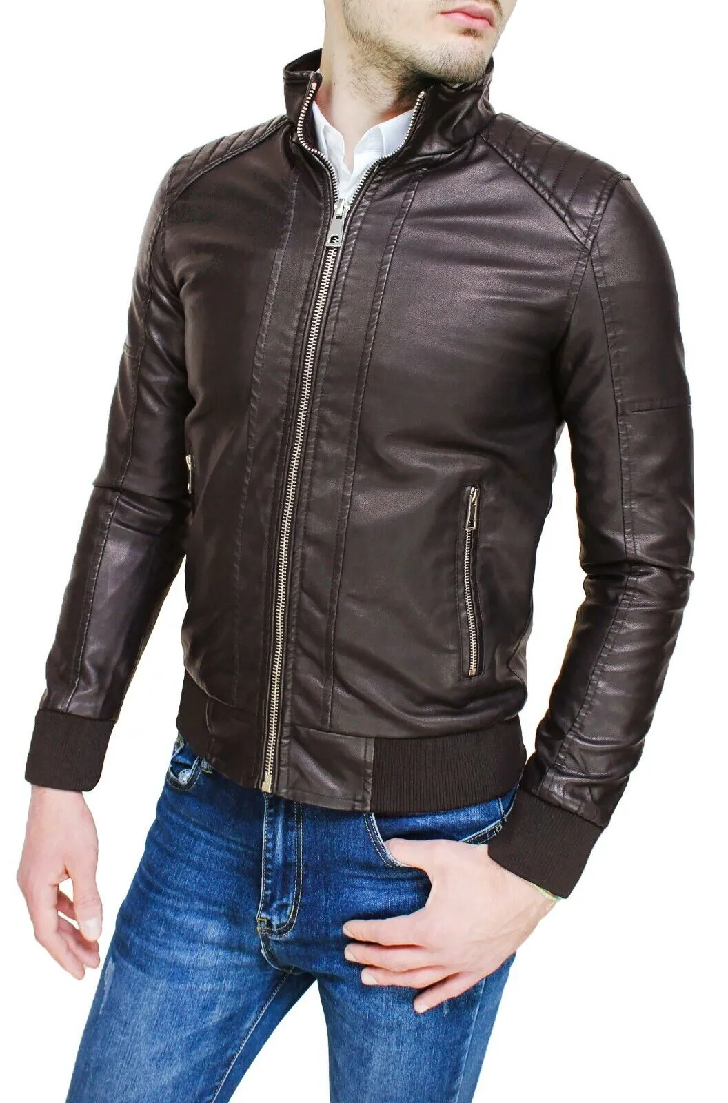 Giacca giubbotto uomo in ecopelle casual marrone slim fit giubbino bomber moto