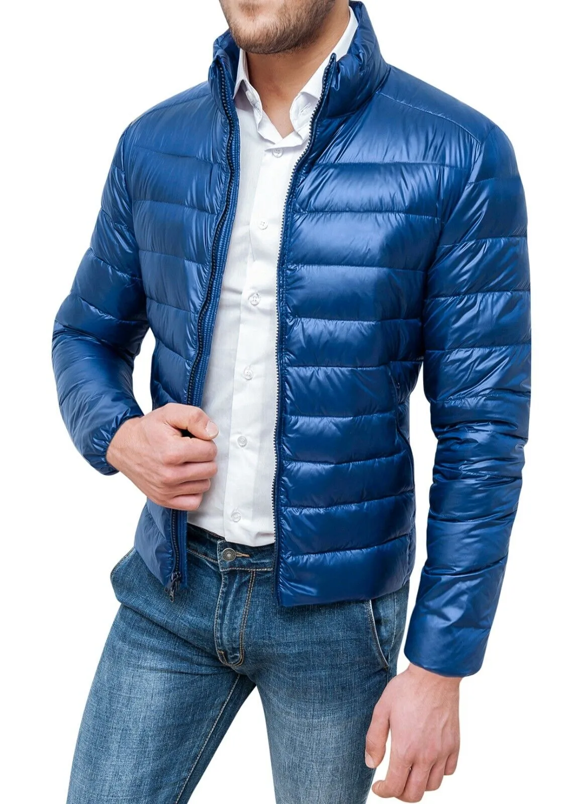 Giubbotto piumino uomo 100 grammi blu chiaro slim fit giacca bomber impermeabile