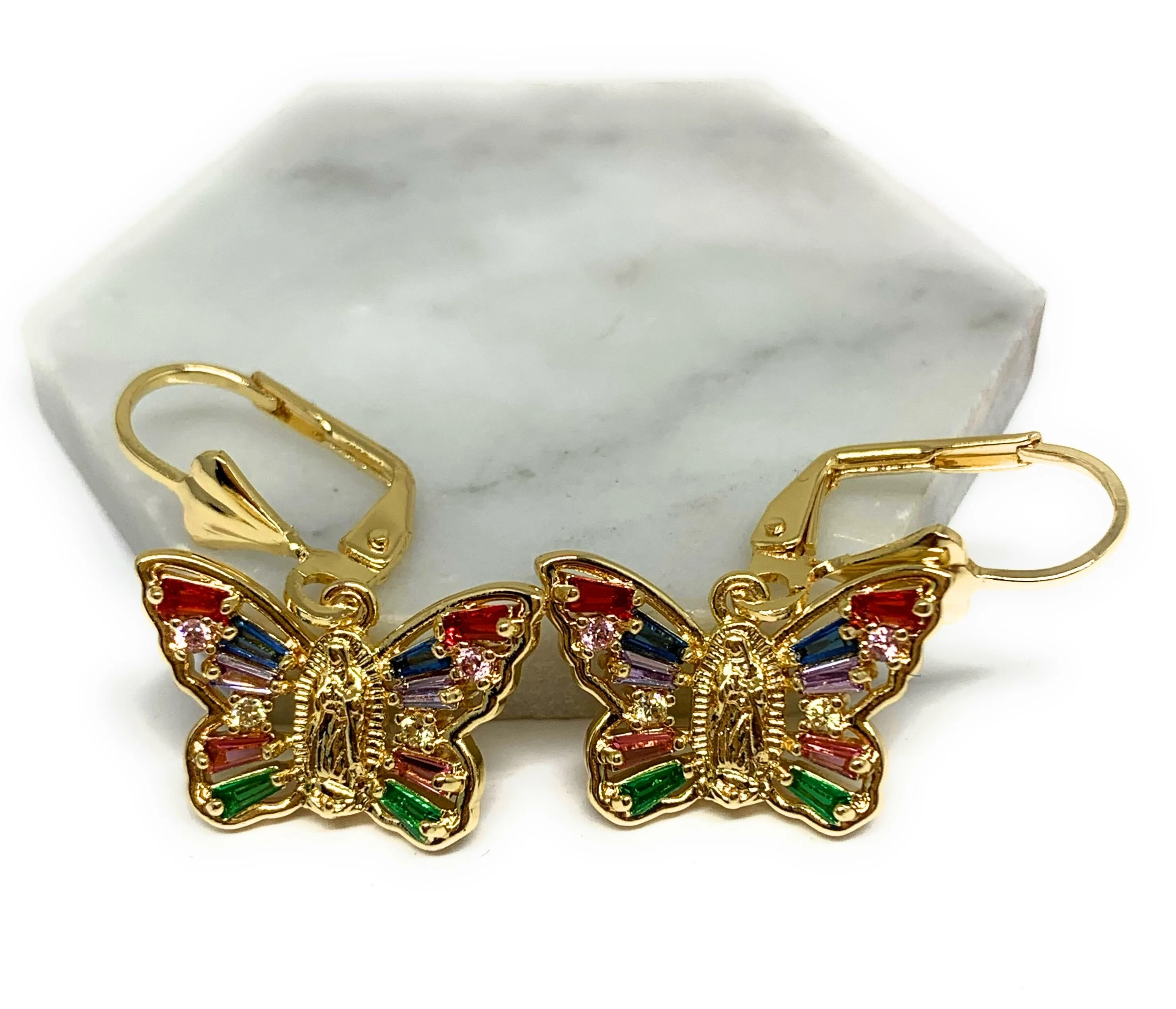 Gold Plated Virgin Mary Butterfly Earrings w/ Stones Aretes Virgen Guadalupe