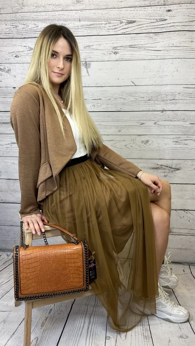 Gonna in tulle color marrone con vita arricciata e cintura a contrasto