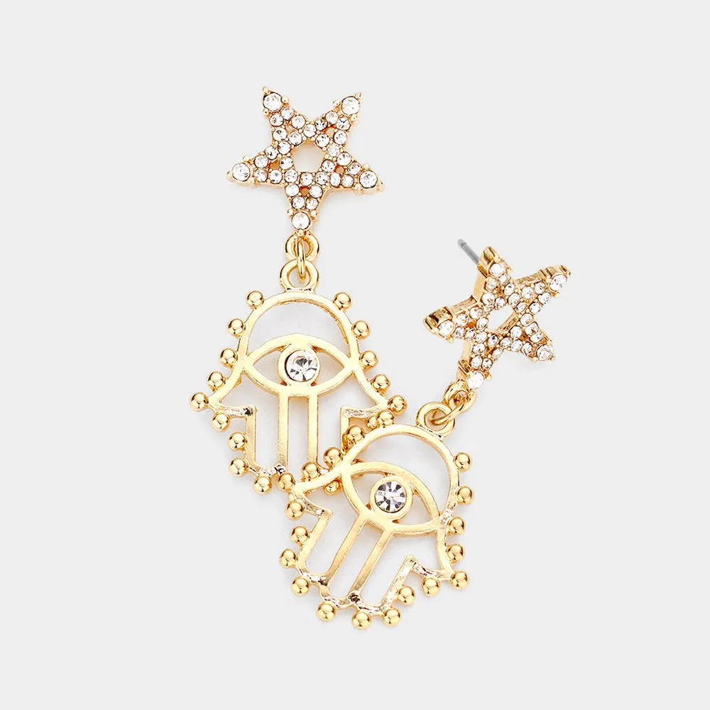 iLLASPARKZ Stone Embellished Star Hamsa Hand Evil Eye Link Dangle Earrings