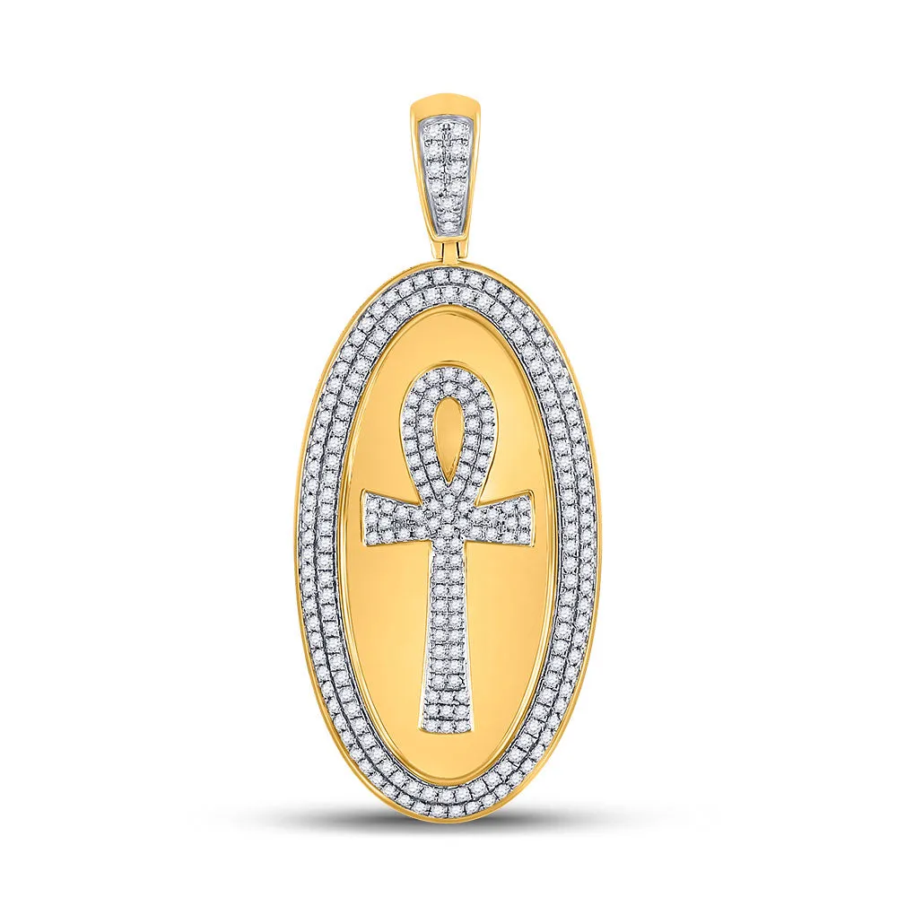 Keene Jewelers 10kt Yellow Gold Mens Round Diamond Oval Ankh Cross Charm Pendant 2 Cttw
