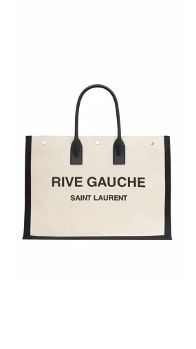 Rive Gauche Large Tote Bag in Canvas and Smooth Leather - Grege And Black