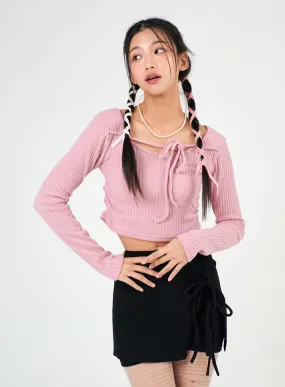 Round Neck Drawstring Ribboned Crop Long Sleeve IJ402