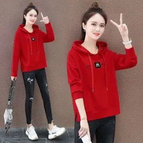 Spring Autumn Cotton Printed Embroidery Draw String Korean Casual Sweatshirt Women's Hoodies .