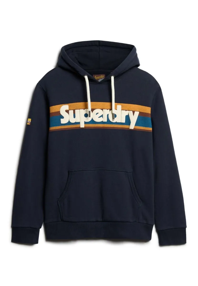 Superdry Retro Stripe Logo Overhead Hooded Sweatshirts Eclipse Navy