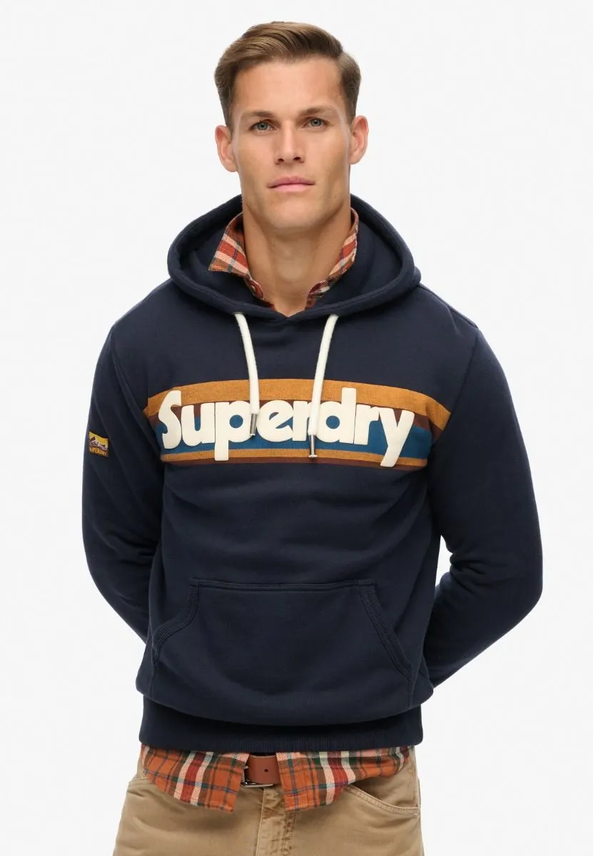 Superdry Retro Stripe Logo Overhead Hooded Sweatshirts Eclipse Navy