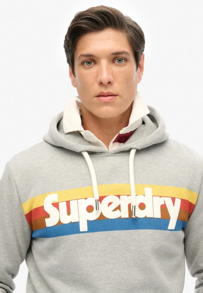 Superdry Retro Stripe Logo Overhead Hooded Sweatshirts Grey Marl